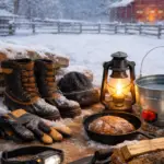 Winter homestead tools including insulated boots, gloves, cast iron skillet, and lantern used daily during cold weather