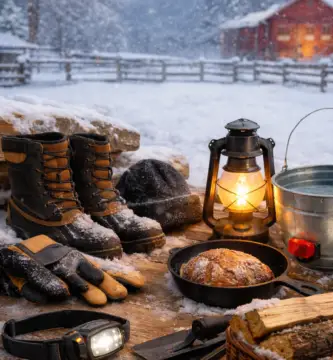 Winter homestead tools including insulated boots, gloves, cast iron skillet, and lantern used daily during cold weather