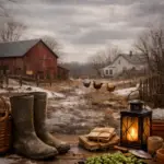 Waiting on winter to turn to spring on our family homestead. Boots and chickens and seedlings.