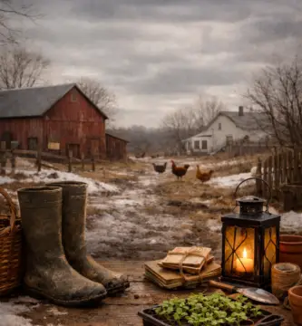Waiting on winter to turn to spring on our family homestead. Boots and chickens and seedlings.