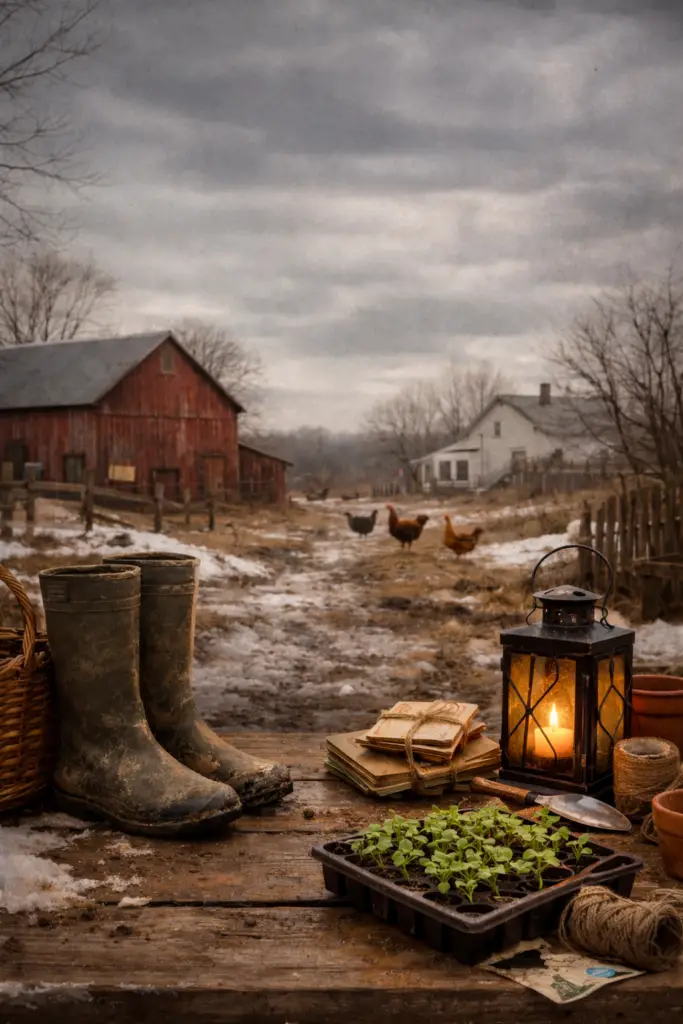 Waiting on winter to turn to spring on our family homestead. Boots and chickens and seedlings.