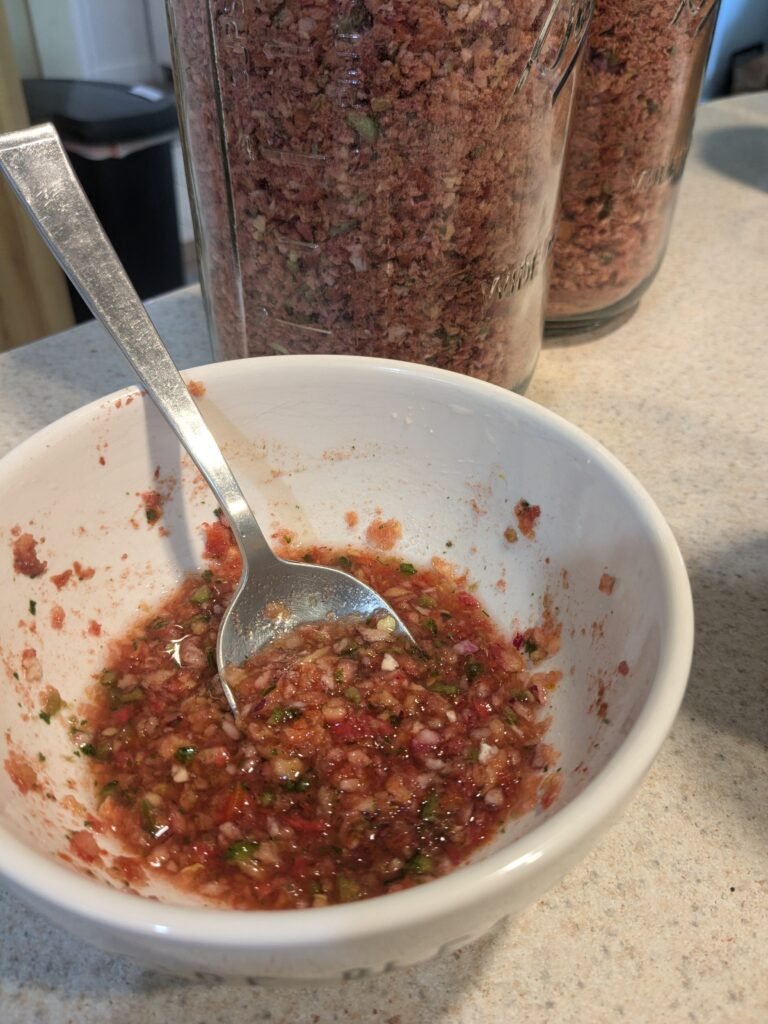 A bowl of rehydrated freeze-dried salsa
