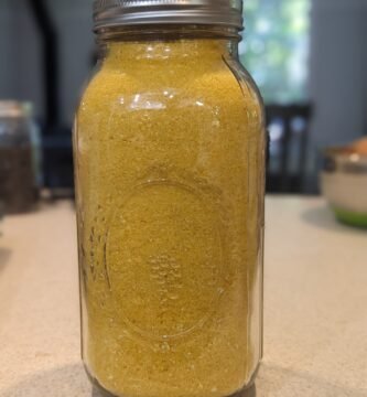A half gallon mason jar full of powdered freeze dried eggs
