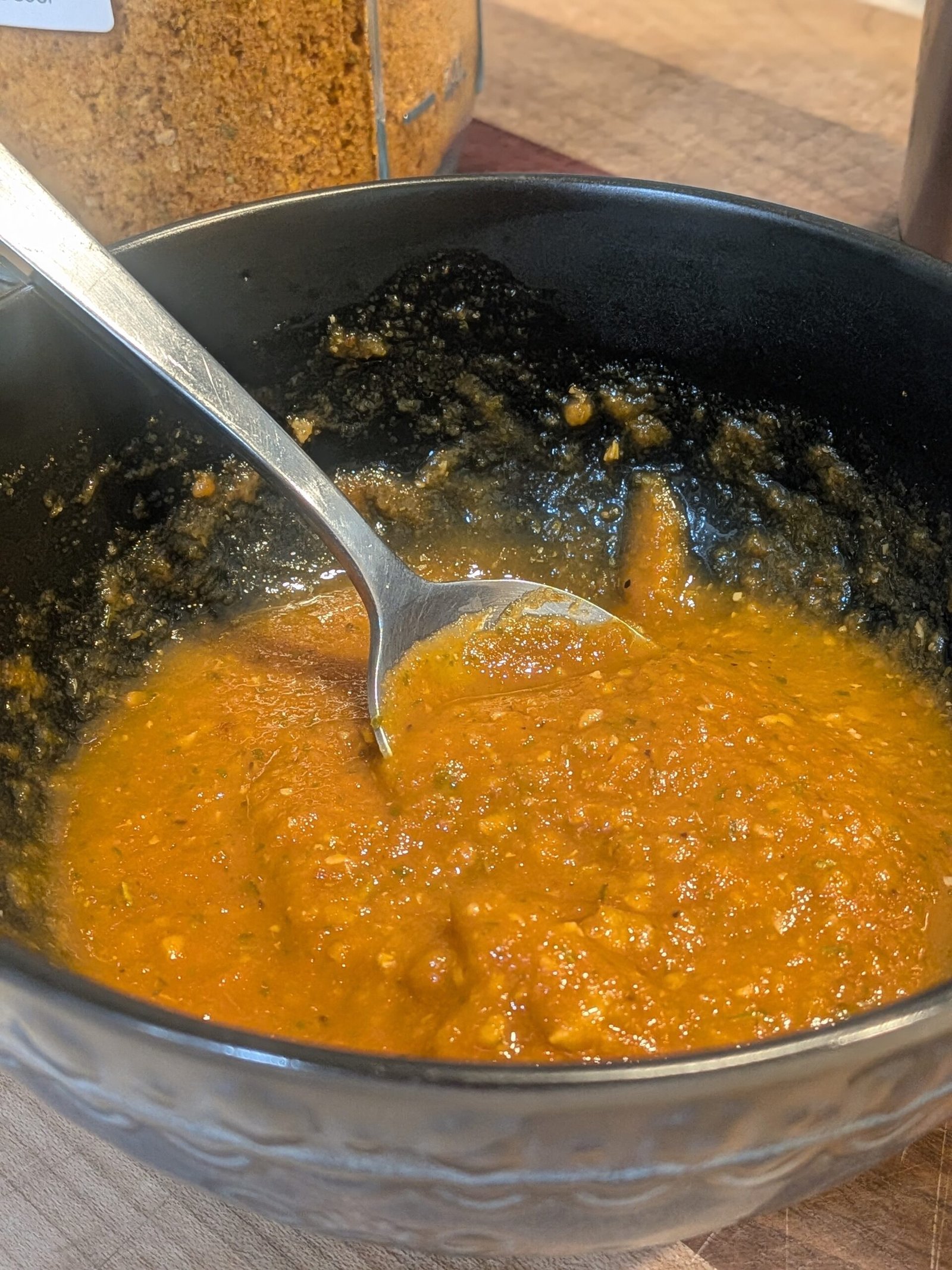 A bowl of rehydrated freeze-dried homemade tomato soup