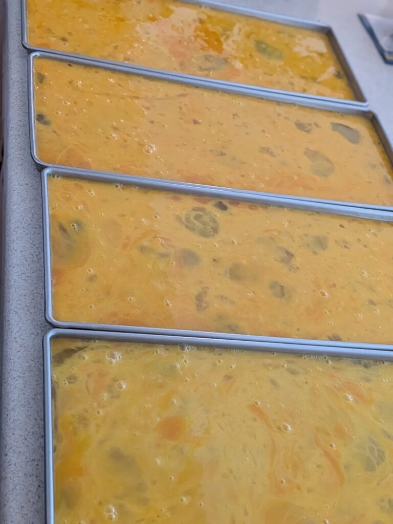 Four Harvest Right freeze dryer trays full of scrambled eggs