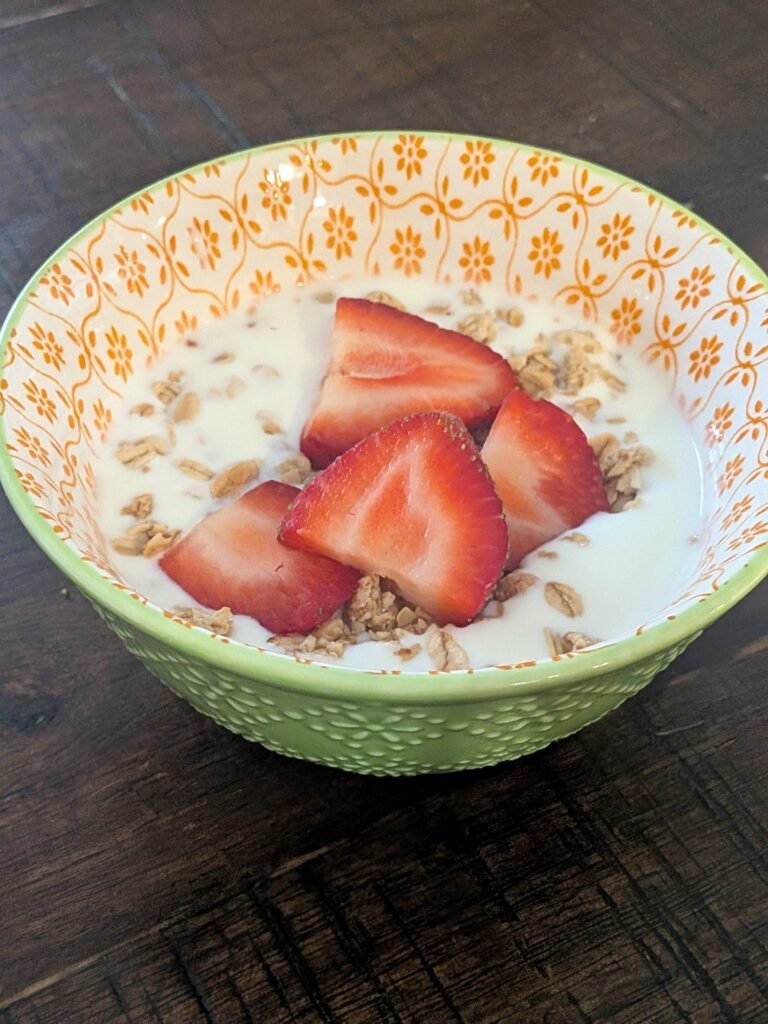 Homemade yogurt made in an instant pot and poured into a bowl with granola and sliced fresh strawberries on top