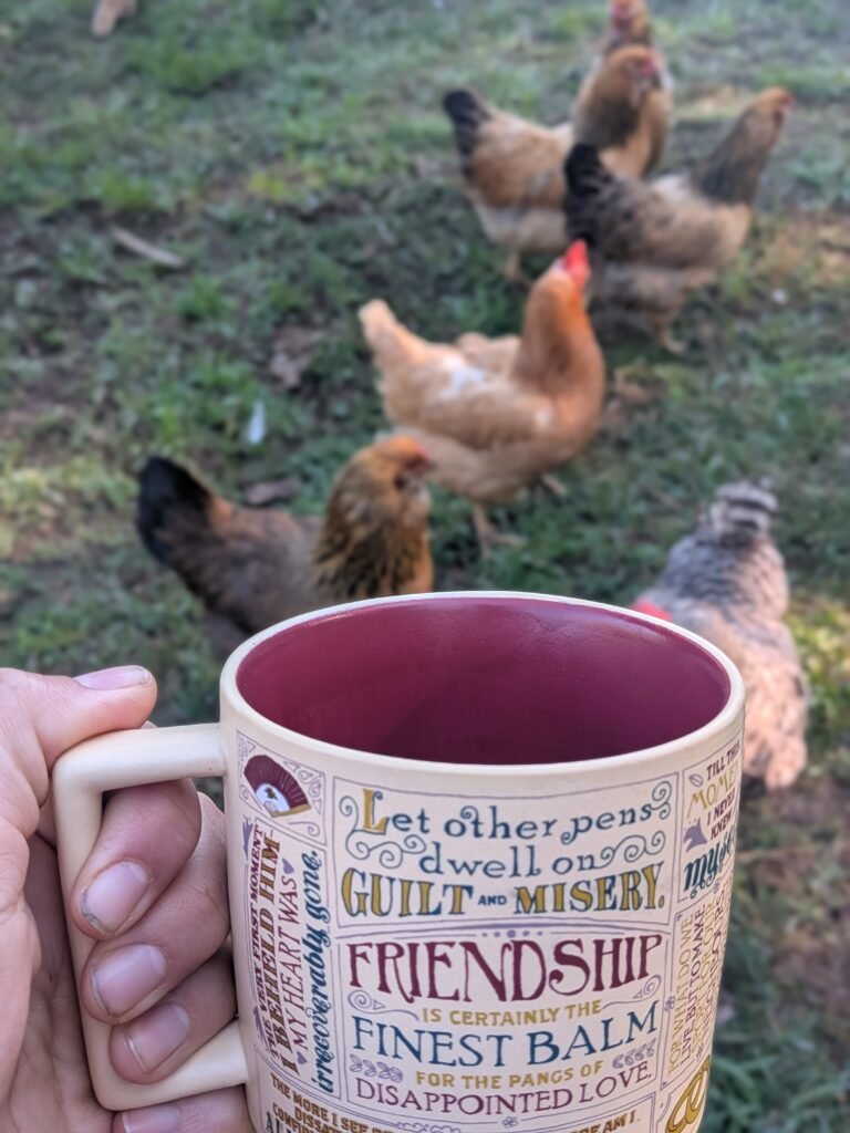 Early morning on the homestead with my Jane Austen coffee mug and the chickens