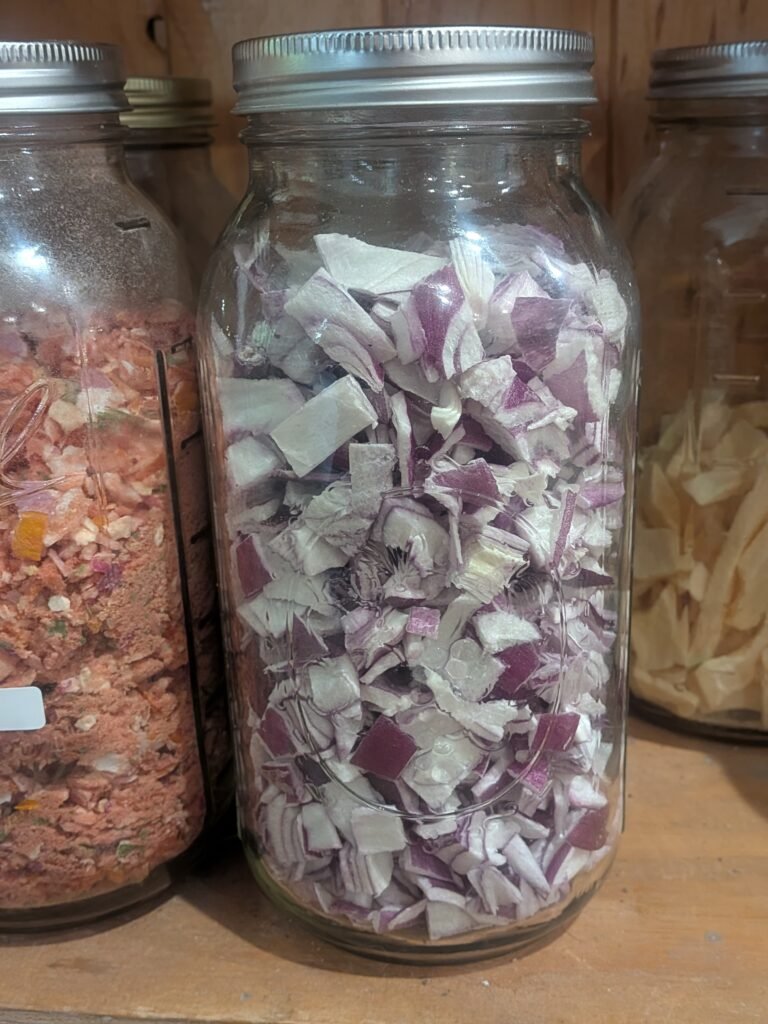 Large mason jar full of freeze-dried red onions on our pantry shelf