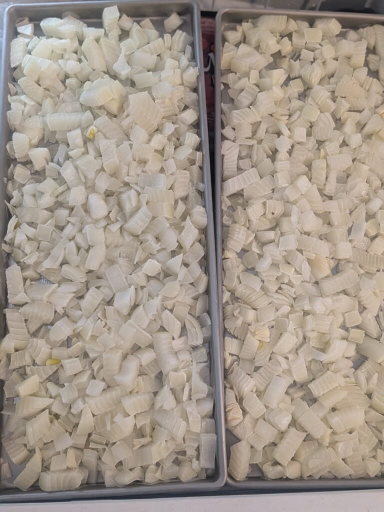 Trays full of freeze-dried diced yellow onions