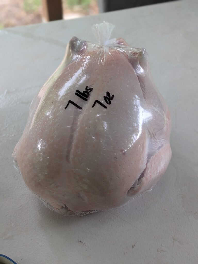 Shrink wrapped whole chicken that was raised and processed on our homestead