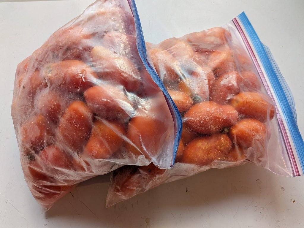 Gallon bags full of frozen Roma tomatoes