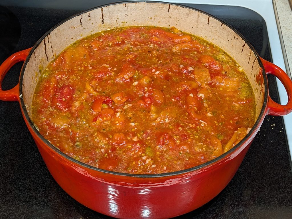 Large dutch oven full of homemade pasta sauce